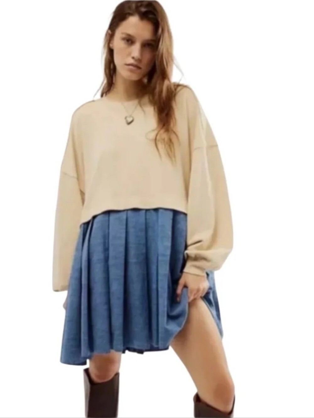 Free People Eleanor Tunic Dress in Blue/Cream Oversized Size Medium
